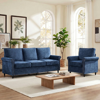 Chenille Upholstered Sofa Set with Nailhead Trim for Living Room