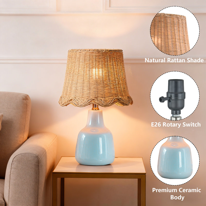 16.5" Coastal Country Blue Ceramic Table Lamp Handwoven Rattan Shade for Bedroom Living Room, Blue