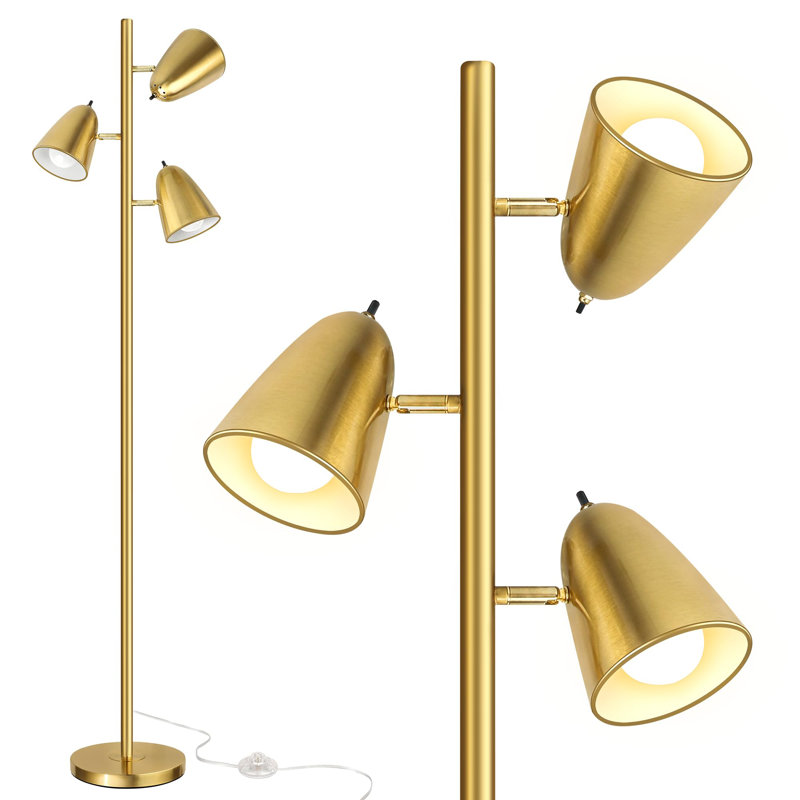Lampe sur pied arbre avec 3 ampoules, lampes sur pied pour le bureau de la chambre à coucher, lampes de lecture avec 3 bras réglables, or brossé