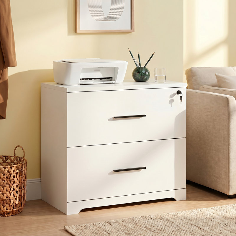 Classeur latéral en bois à 2 tiroirs avec serrure pour bureau à domicile Brettley 35,43 po, Blanc