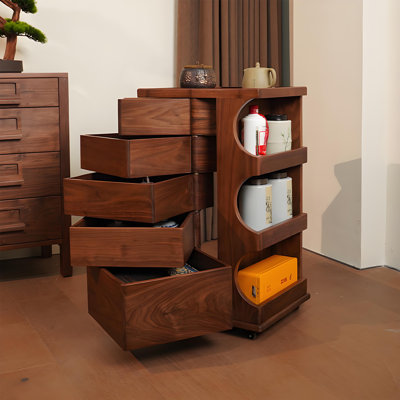 31.1" H Black Walnut Solid Wood Movable Drawer Cabinet with Rotating Drawers and Open Storage Shelves
