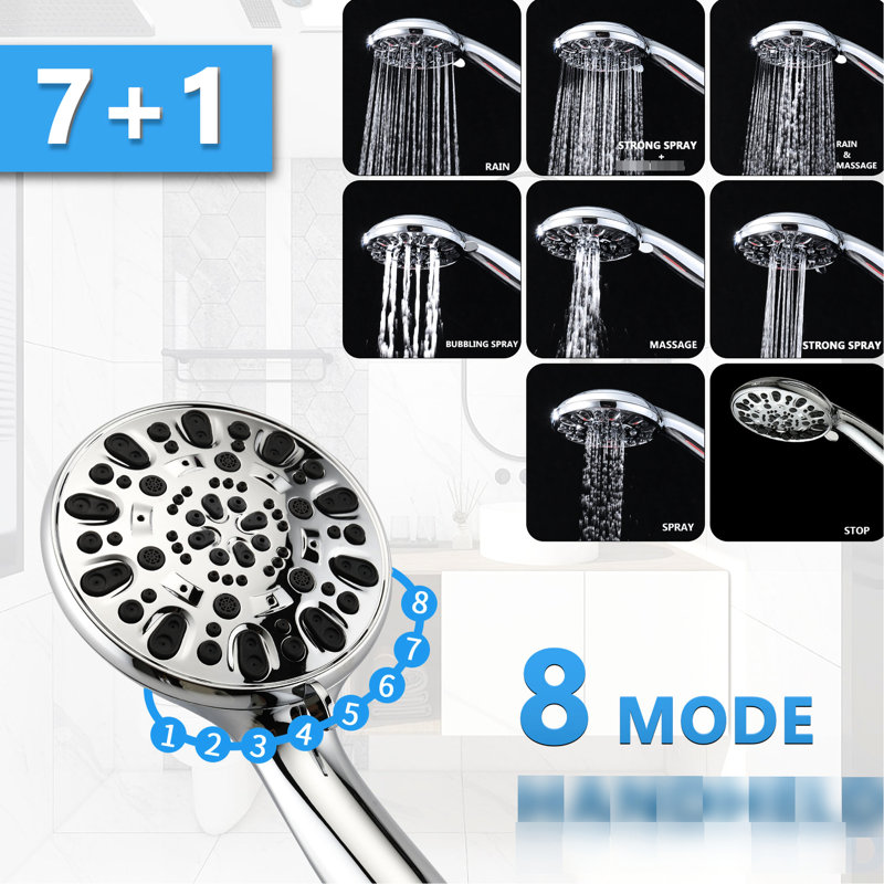 Douche de pluie 5 pouces et 7 jets avec glissière de 26 po, installation facile, réglable en angle, buses, débit stable de 18 gallons par minute, commande manuelle