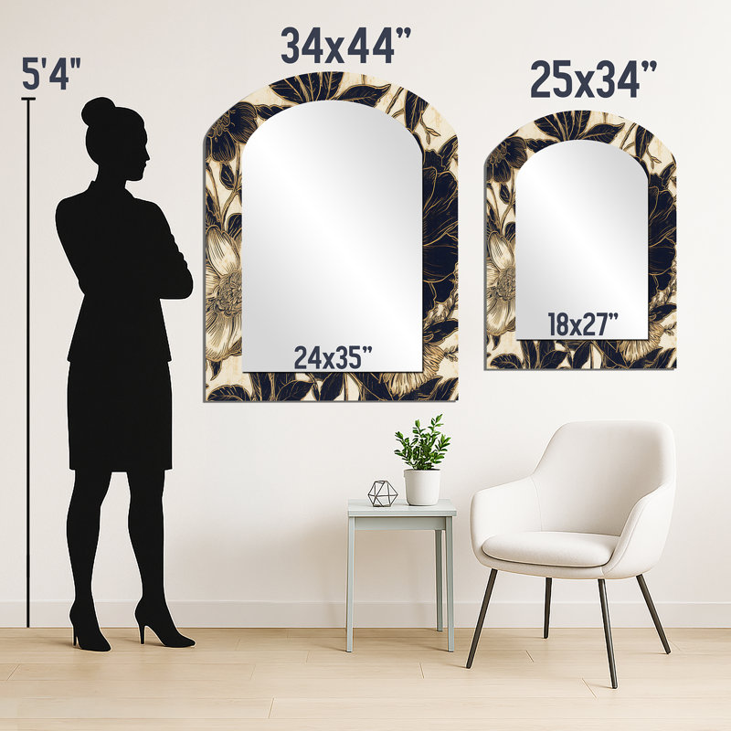 «Blue Gold Carnation Flower II» - grand miroir mural asymétrique, œillets traditionnels, impression sur métal, 43 po x 33 po