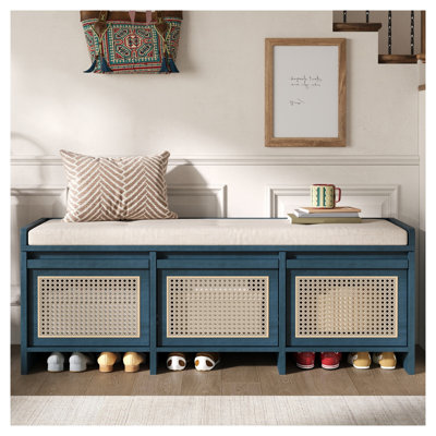 TREXM 48" Entryway Shoe Bench, Retro Storage Bench with Rattan Drawers & Removable Button‑Tufted Upholstered Cushion for Living Room, Hallway, Foyer,