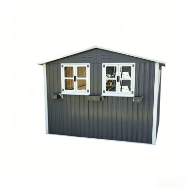 6x9 FT Outdoor Metal Storage Shed with Window and Flower Rack, Grey Garden Utility Building