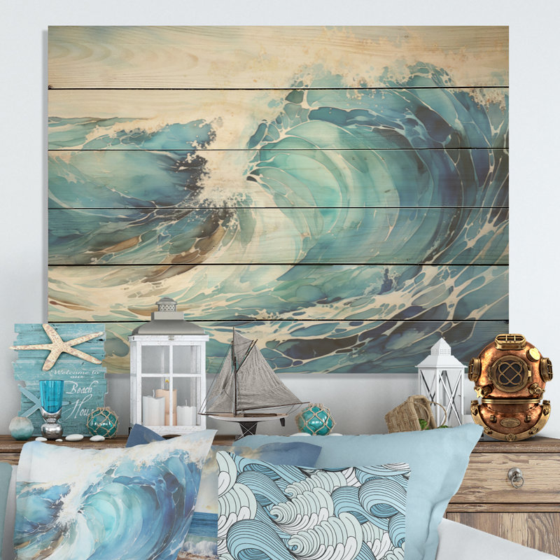 Blue Wave Ocean Storm I - art sur bois de pin naturel, H 30 po x l 40 po