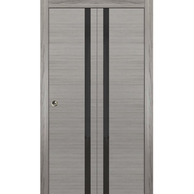 Sliding Closet Bi-fold Doors 42 x 84 Planum 0040 Ginger Ash with Black Glass Sturdy Tracks Moldings Trims Hardware Set Wood Solid Bedroom Wardrobe Doors