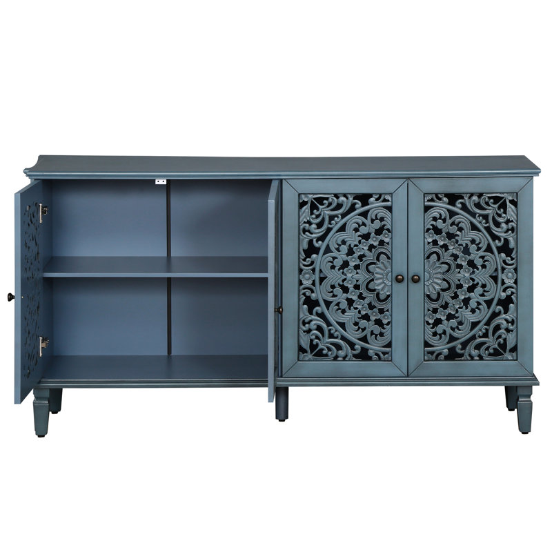 Buffet antique bleu 60 "avec sculptures florales ajourées, tablettes réglables, structure en bois massif, meuble télé idéal pour les pieds de plusieurs zones de décoration, divers styles de maison