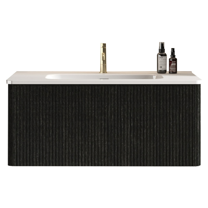Meuble-lavabo 36 po avec chêne rayé noir, lavabo en céramique blanche, fonctionnalité épurée - aspect moderne pré-assemblé