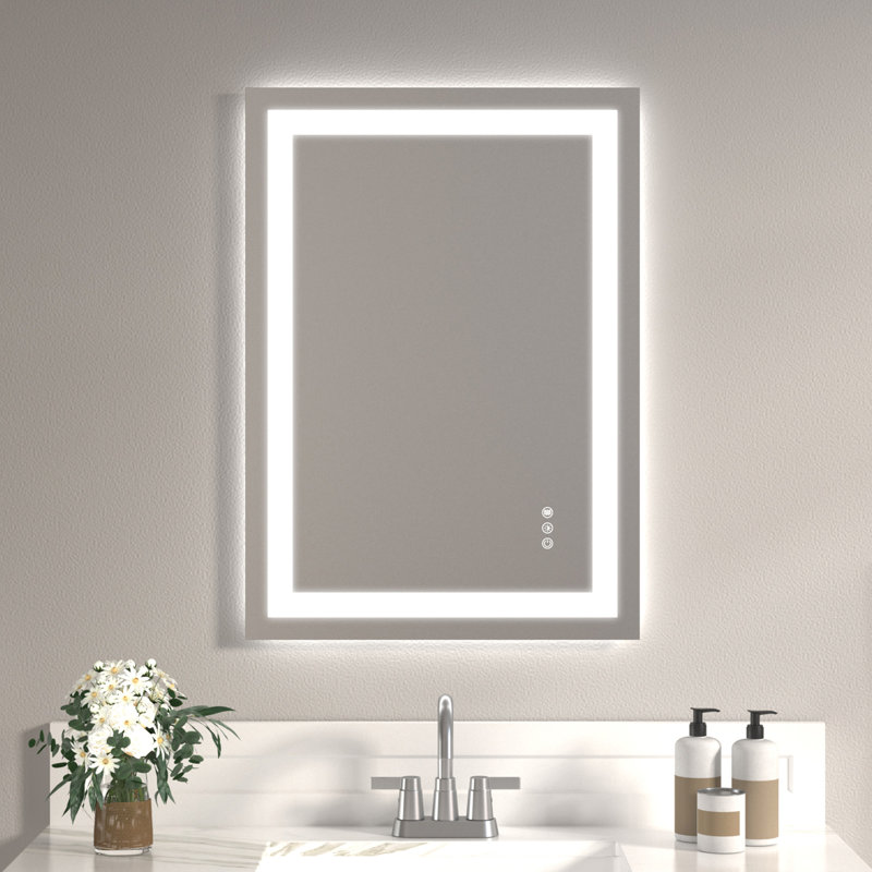 Miroir trempé de 20 po x 28 po, deux bandes à DEL pour le maquillage et le toilettage quotidien, 3 températures de couleur, réglage continu de la luminosité, flexibilité de montage, tournevis Ul 12 V, ensemble de prises 20 x 28 po moderne avec bandes,