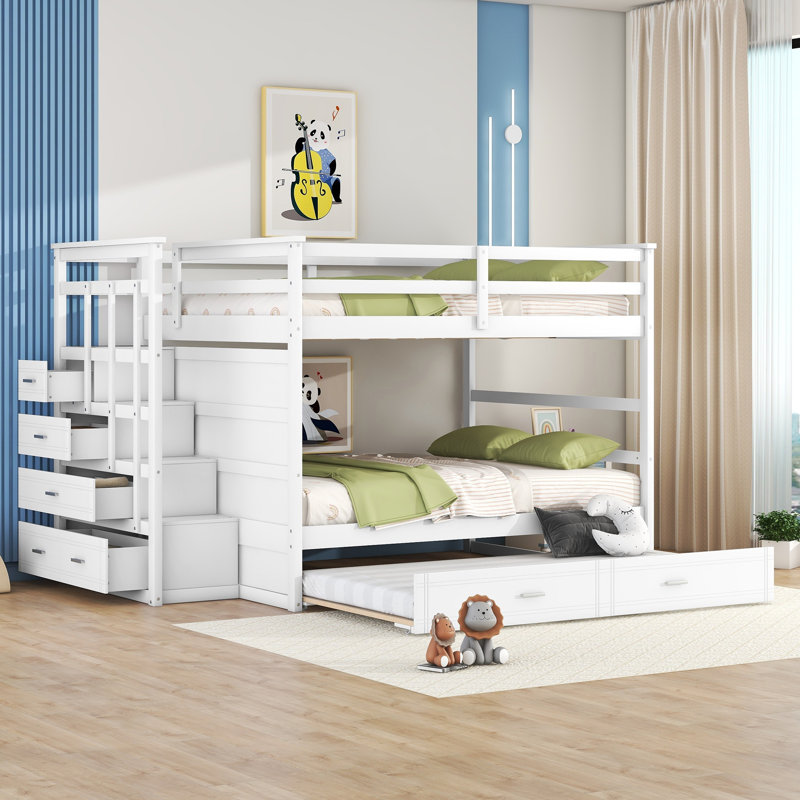 Lit superposé avec lit gigogne, escalier de rangement et tiroirs - Structure en bois massif pour enfants et adolescents