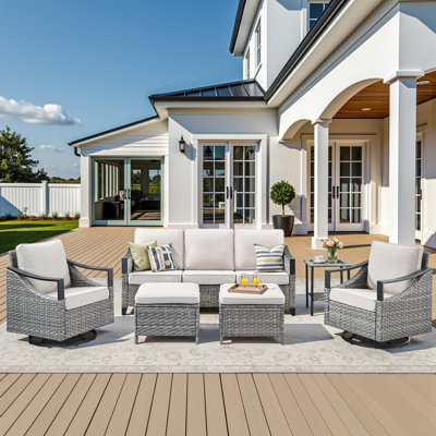 6 Pieces Outdoor Patio Furniture Set, All-Weather Rattan 3-Seater Sofa, Swivel Glider Chairs Set Of 2, 2 Versatile Ottomans, And A Side Table, Outdoor Conversation Set For Patio, Poolside, Balcony, Backyard