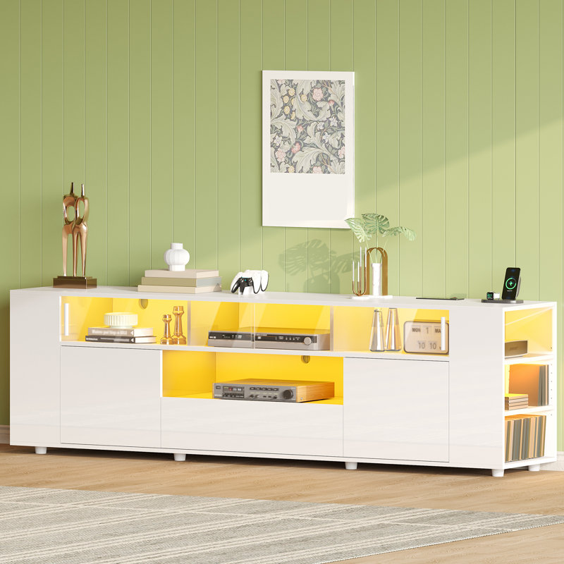 Tv Stand  for 70/75/80 Inch TV, High Gloss Modern TV Stand with Storage, White