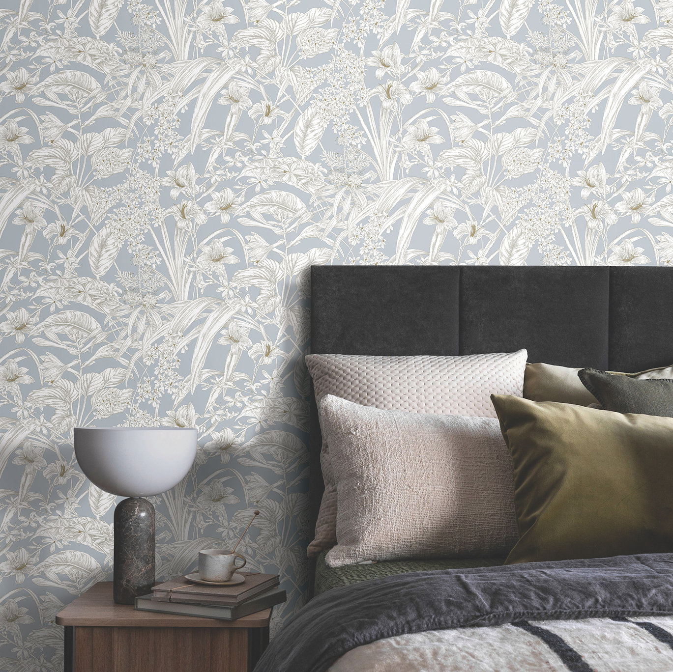 Conservatory Toile Floral,Solids Wallpaper, Blue & Taupe