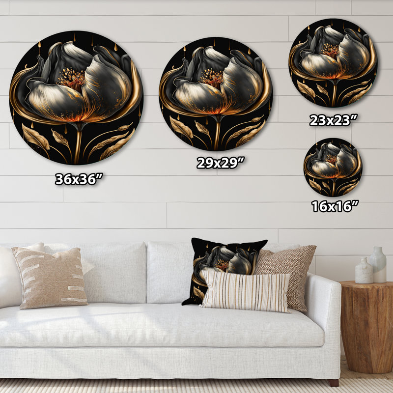 Tulipe noire et dorée - art floral rond en métal, H 29 po x l 29 po