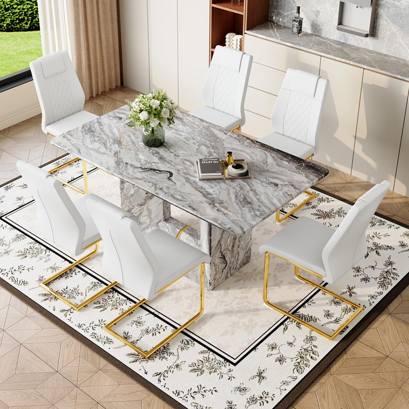 63" Dining Table Set For 6, Modern Dining Room Table Set With Wood Table & Ergonomic Chairs, 7 Pieces: Table, 6 Chairs, White