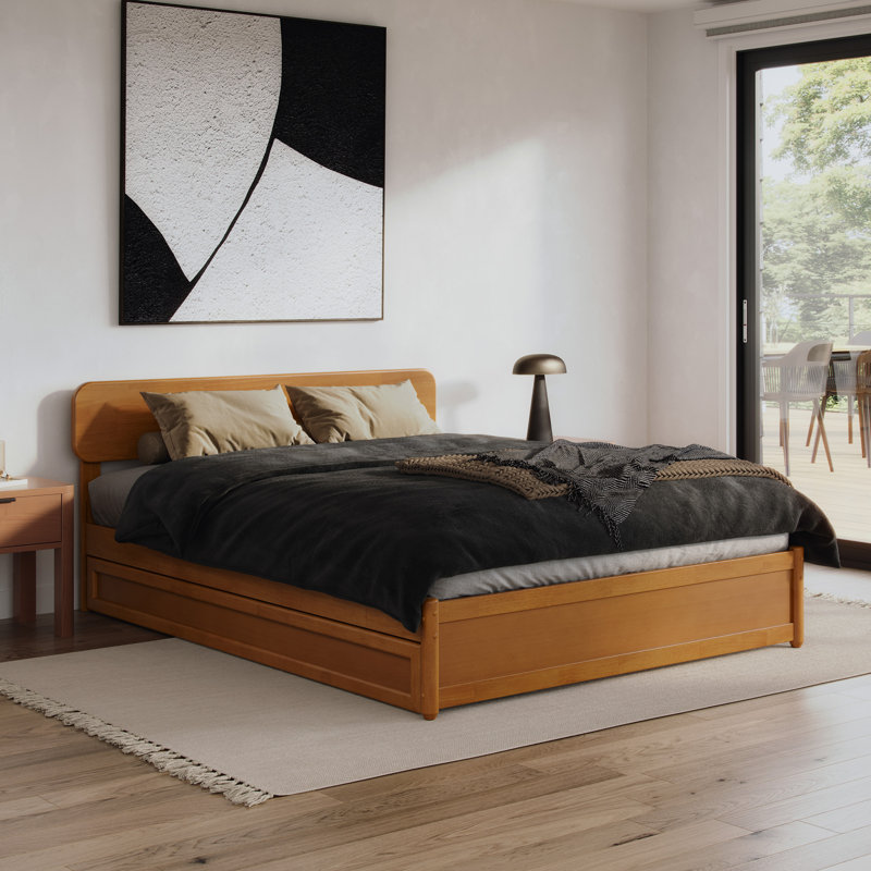 Ause Solid Wood Platform Bed with Matching Trundle, Light Toffee, Queen