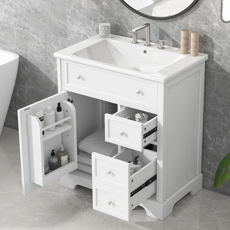 Meuble-lavabo en bois massif durable avec lavabo en céramique et rangement spacieux, parfait pour les salles de bain modernes