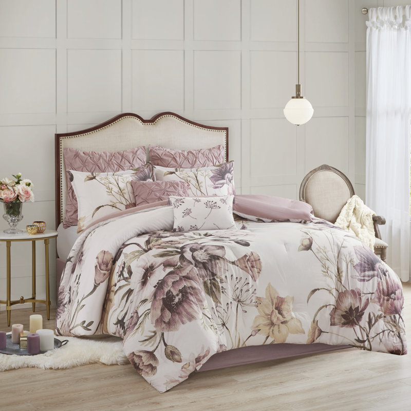 Ensemble d'édredon en coton 8 pièces Cassandra, Rosé, Édredon grand + 7 pièces supplémentaires