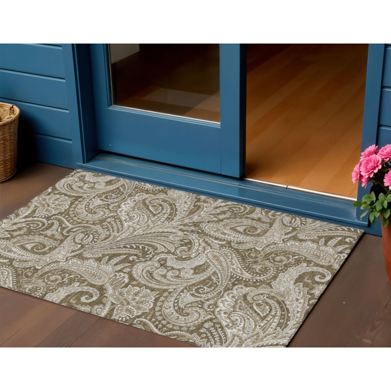 Tapis extérieur lavable à motif cachemire beige et ivoire 3 pi x 5 pi chocolat
