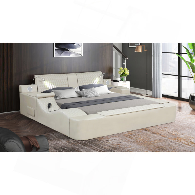 Lit multifonctionnel intelligent avec masseur en bois et similicuir beige, Grand lit