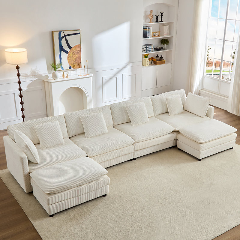 Boneless 148" Oversized Corduroy 6-Seater Modular Sectional Sofa with Movable Ottomans, Beige