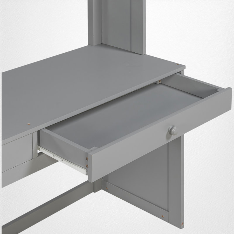 Lit superposé en forme de L avec bureau intégré et garde-robe, Gris, Double sur simple