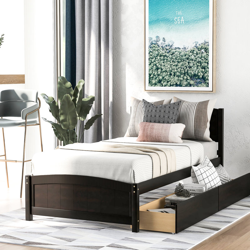 Lit plateforme simple avec deux tiroirs - En bois massif pour chambre à coucher à l'ombre, Espresso