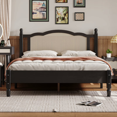 Queen Size Wooden Frame Materialen Platform Bed Frame With In Natural Finish Rattan With Headboard, Vintage Bed Frame With Wooden Frame Materialen Slat Support, In Black Finish