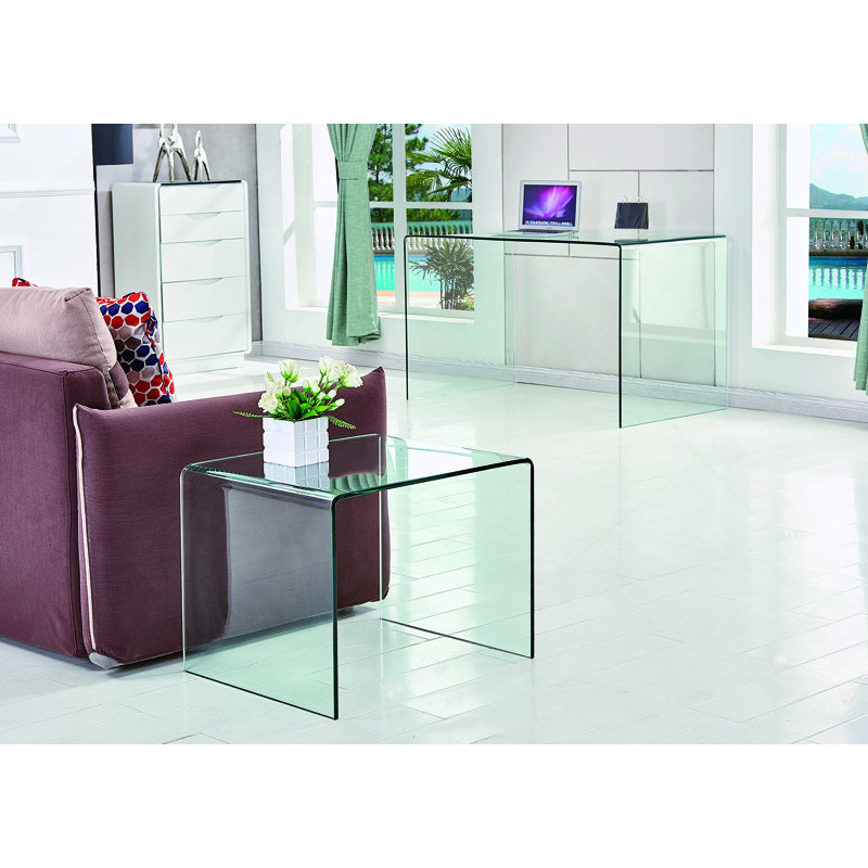 Table de bout transparente, table d'appoint en verre cintré transparent trempé