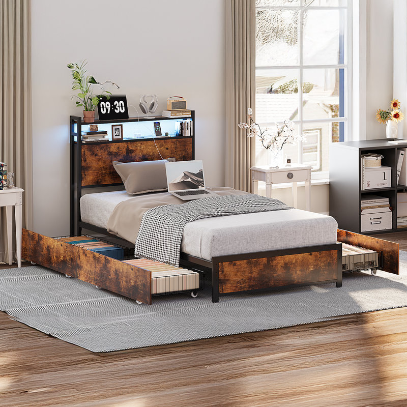 Bed Frame With 2-Tier Storage Headboard, Metal Platform Bed Frame With 4 Storage Drawers, Built In Charging Station And LED, Metal Support/No Box Spring Needed, Vintage Brown