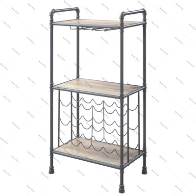Support à vin en chêne antique et gris sable avec porte-verres à pied
