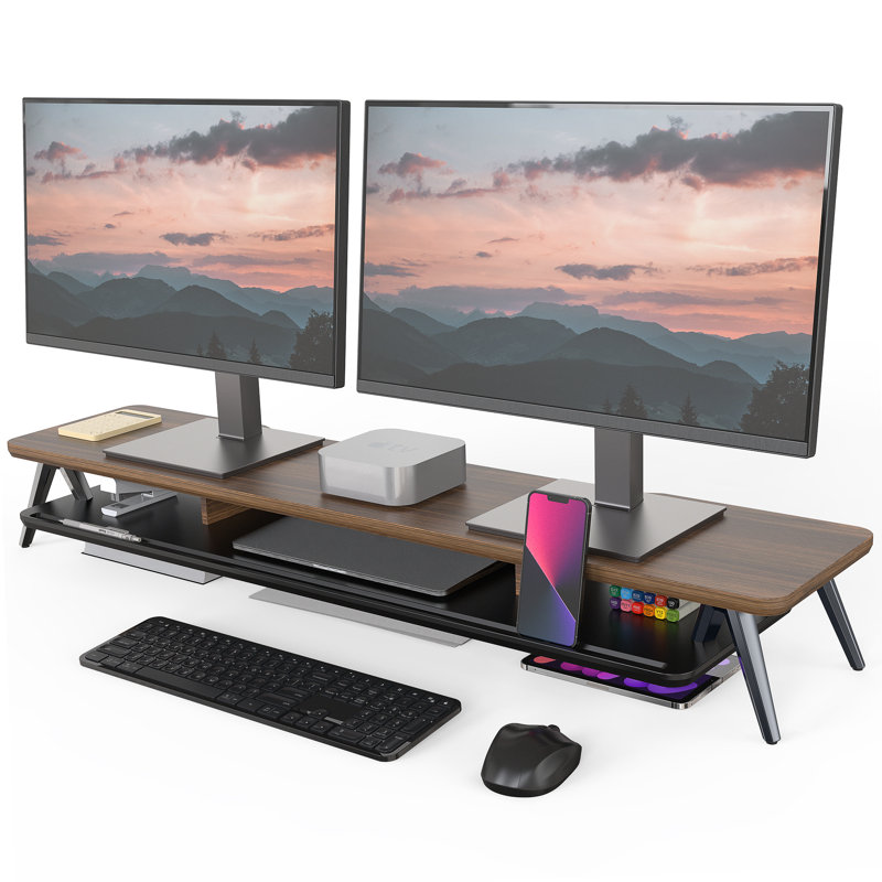Support double pour écran, support pour écran pour 2 écrans, tablette de bureau en bois de 42,5 pouces, Brun