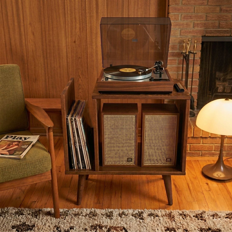  | Support pour tourne-disque avec rangement en vinyle, support pour tourne-disque Mid-Century moderne, noyer