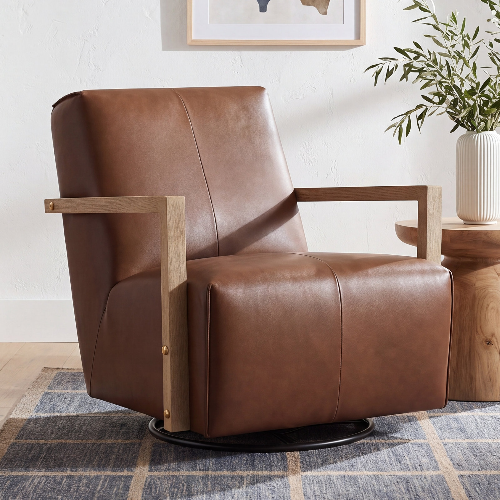 Camino Upholstered Swivel Armchair, Hearth Brown Genuine Leather