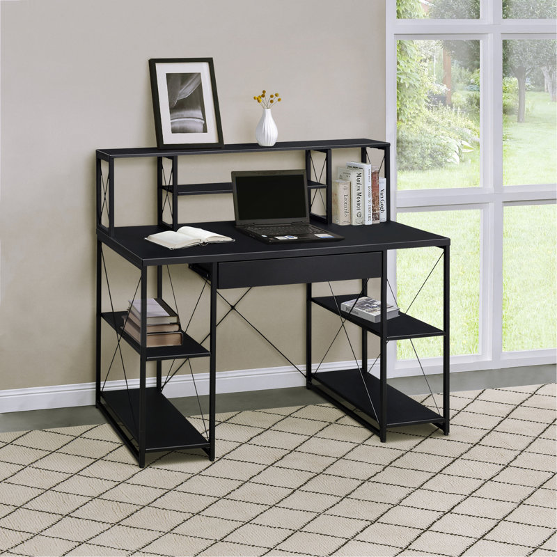 Bureau avec tablettes ouvertes et huche, Noir