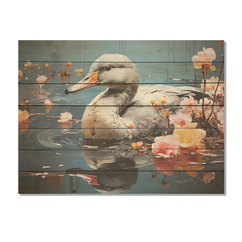 «Grey Duck» Floral Swims I - animal canard sur bois, H 24 po x l 32 po x P 0,78 po
