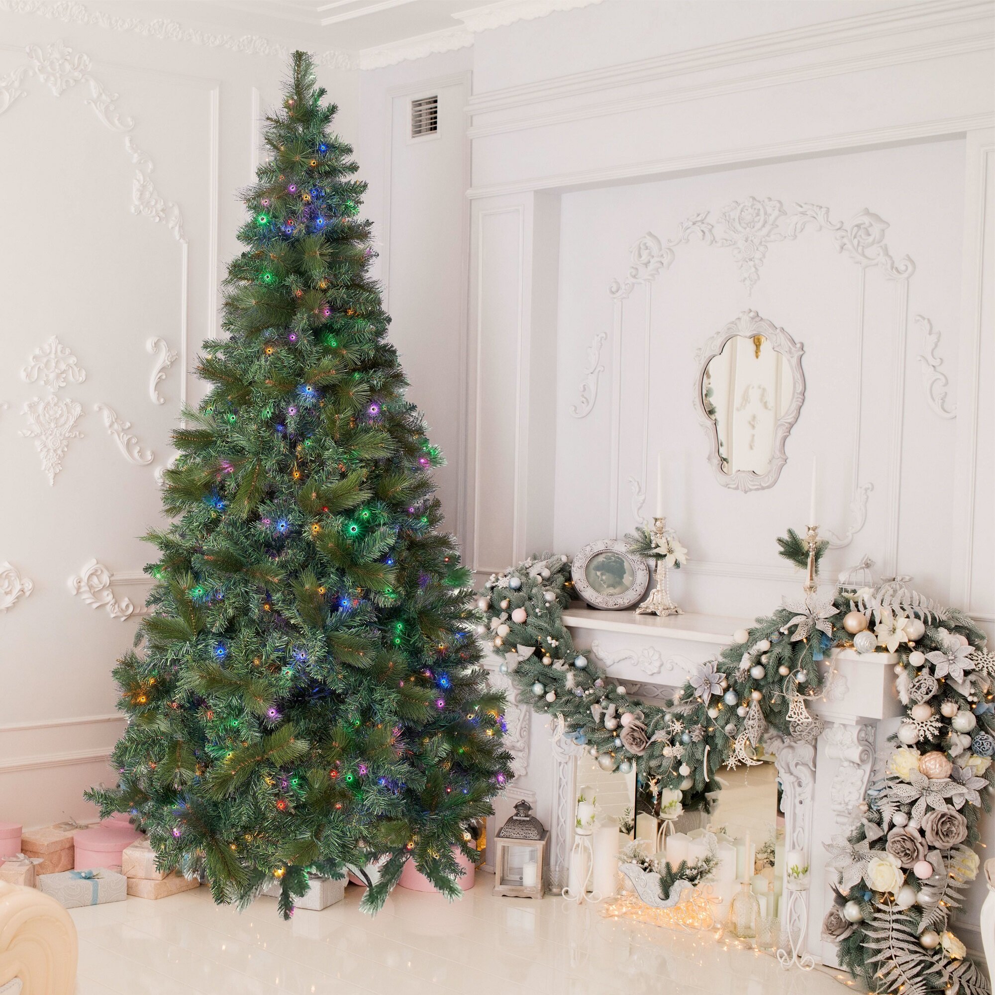 The Holiday Aisle® 7.5' H Green Pine Christmas Tree with LED Lights ...