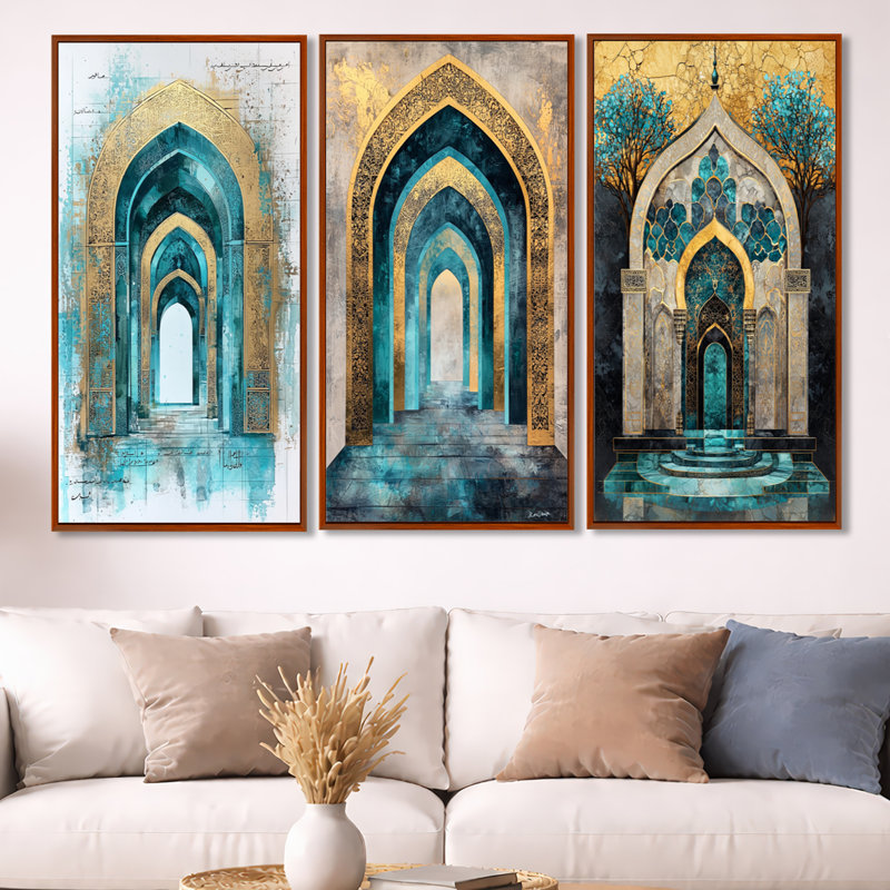 «Golden Journey of Sandstone Arches», ensemble d'art mural encadré paysage, H 32 po x l 48 po, Cadre flottant brun