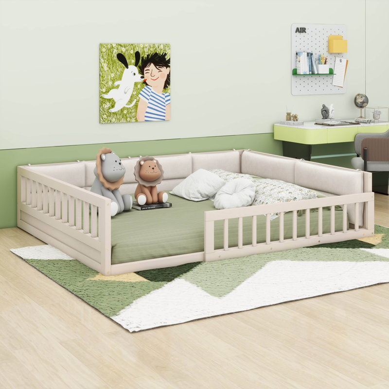 A Fully Upholstered Wood Platform Bed In Full Size, Complete With Safety Guardrails And A Complementary Pillow, Beige
