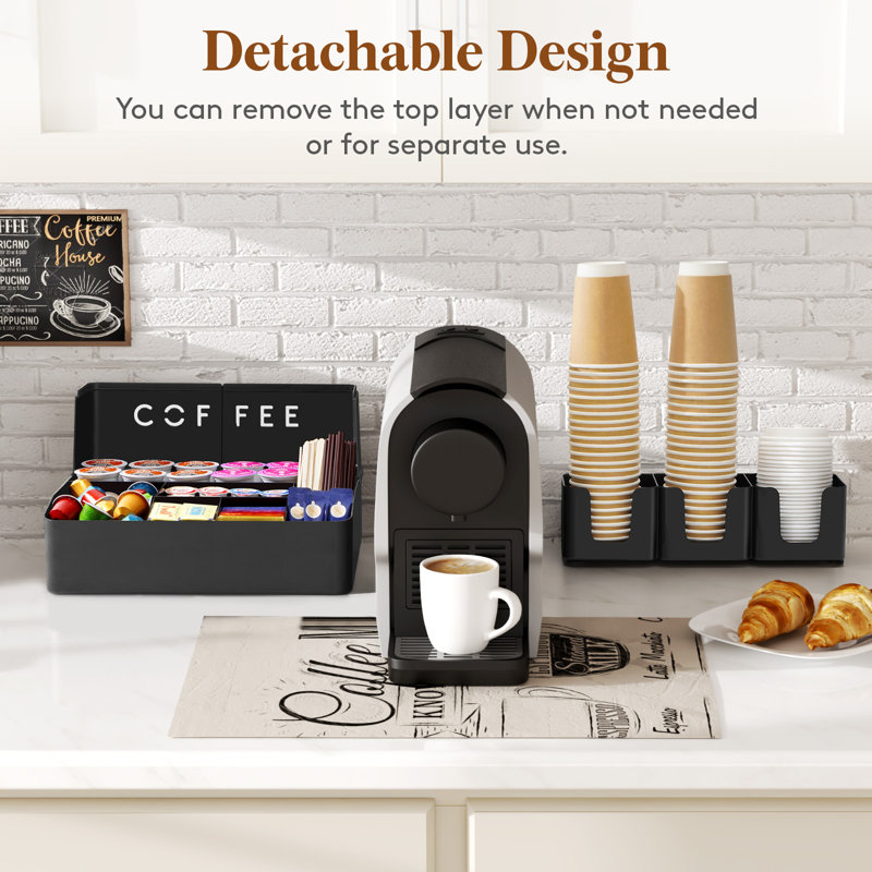 2-tier Coffee Station Organizer For Countertop, 10 Compartments, Tea Condiment Storage,coffee Bar Organizer For Office Breakroom, Home Kitchen, Black
