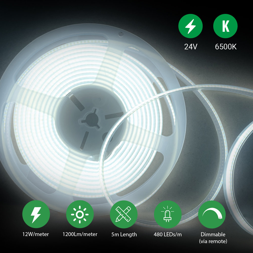 Ener-J 5m Dotless COB LED Strip Kit 480 LEDs Per Metre 24V Dimming Controller UK Plug 6500K Cool White