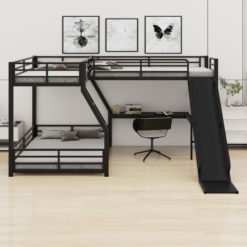 Lit superposé en L avec lit mezzanine, glissade et ports USB, Simple TG sur grand sur simple