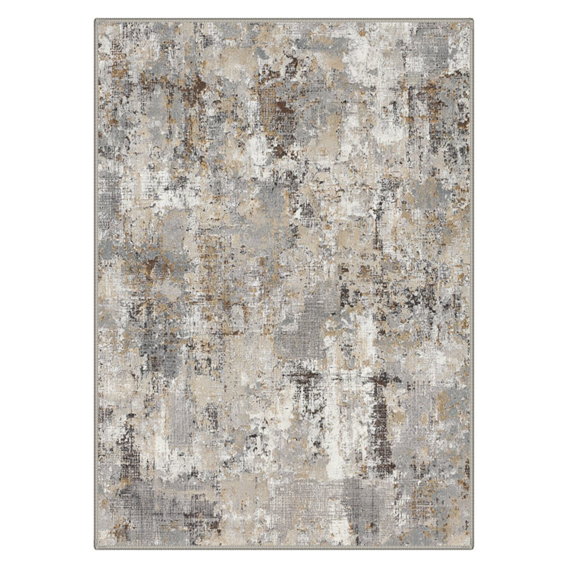 Mignone Ebon Abstract Machine Washable Grey / Brown Indoor Area Rug with Non-Slip Backing, Rectangle 9' x 12'