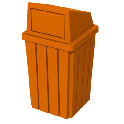 Poubelle commerciale extérieure ou intérieure robuste à lattes en plastique recyclé à 100% 32 gallons Sturdy Essentials Campus avec couvercle à couvercle poussoir |  Pour les écoles et les entreprises - Orange