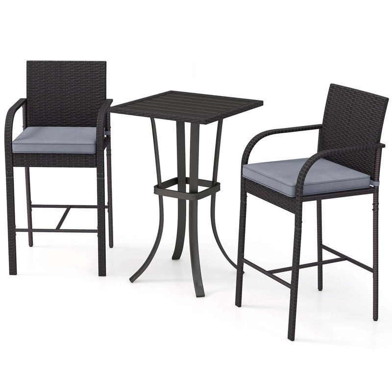 3 PCS Patio Wicker Bar Set Rattan Chairs & Square Table with Heavy-Duty Metal Frame