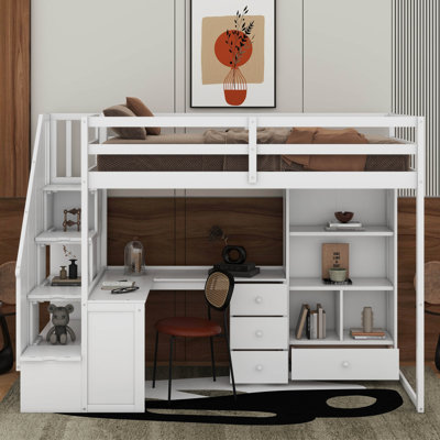 Lit mezzanine simple avec bureau en L et tiroirs, armoire et escalier de rangement