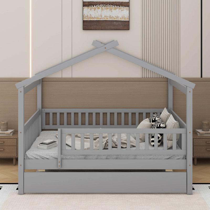 Lit double en bois avec lit gigogne, Gris, Lit double