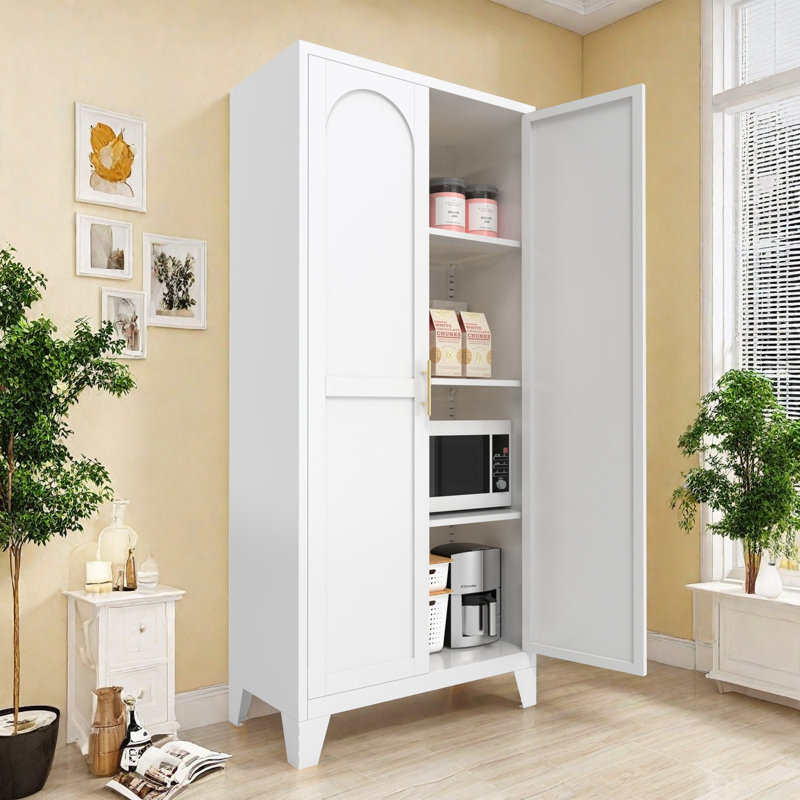 Armoire avec serrure, 2 portes, poignées en métal et tablettes réglables, Blanc