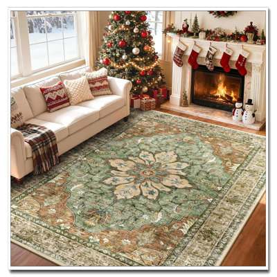 5'X7' Washable Non-Slip Area Rug (ASIN: B0CS62J2G5), Floral Vintage Distress Medallion Print In Light Blue Navy Beige Gray White. Soft Low-Pile, Water-Repellent, Robot-Vac Friendly—Ideal For Living Room, Bedroom & Dining Room Decor